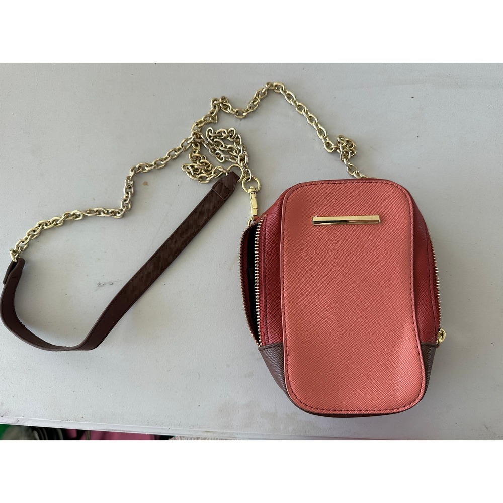 Colorblock Saffiano Crossbody Bag Coral Burgundy Brown Gold Chain Strap Small